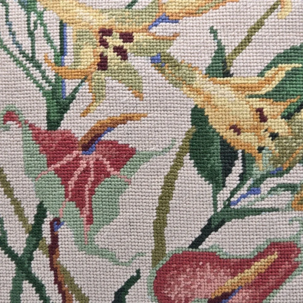 Vintage Needlepoint Brown Lilly Floral Throw Pillow Grandmacore Cottagecore